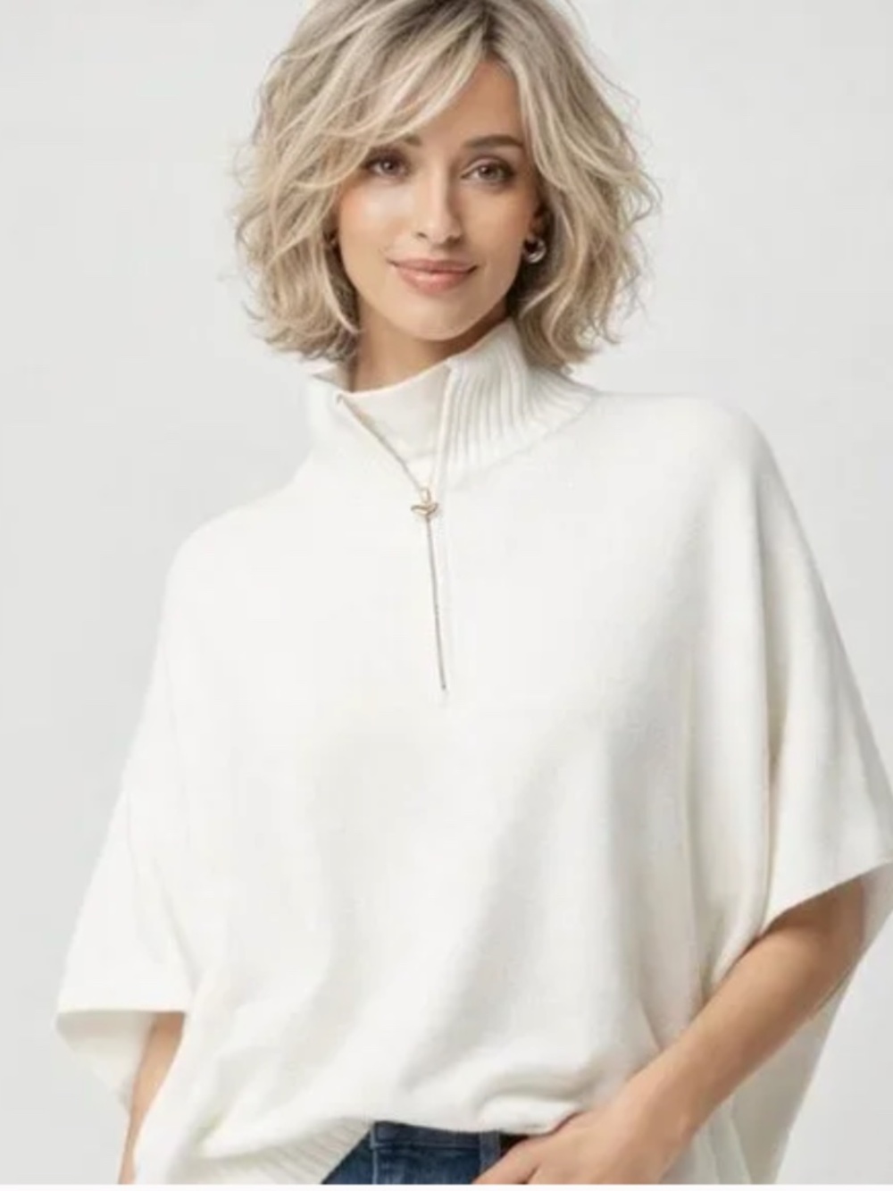 J.CREW Poncho Sweater Womens One Size Heart Quarter Zip 1/4 Zip Knit Ivory‎ Cozy